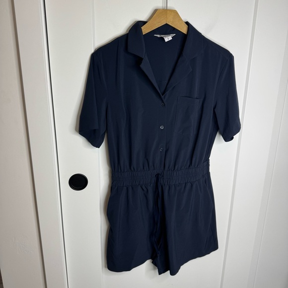 Athleta Avenue Romper Navy Blue Stretch Drawstring Collared Athletic Comfort S - Picture 2 of 7